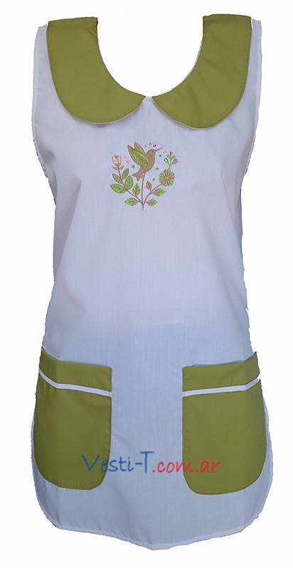 PB165VB - Poncho Blanco con Cuello y Bolsillos Color Verde Bordado